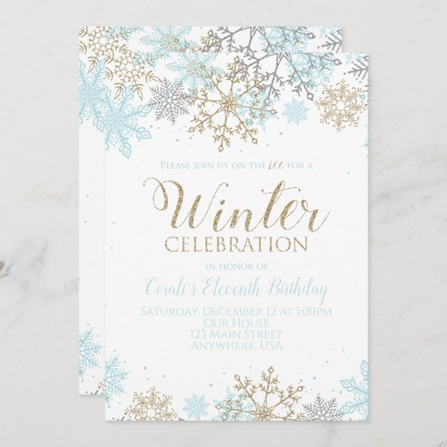 Winter Blue Gold Silver Snowflakes Birthday Invitation (Front/Back)