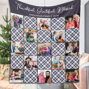 Winter Blue Grey Plaid Custom 13 Photo Collage Fleece Blanket