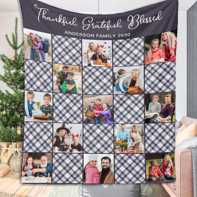 Winter Blue Grey Plaid Custom 13 Photo Collage Fleece Blanket (Creator Uploaded)