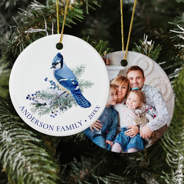 Winter Blue Jay Family Photo Christmas  Ceramic Tree Decoration (Creator Uploaded)