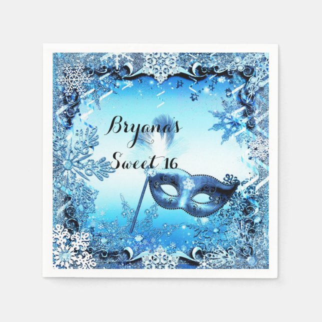 Winter Blue Masquerade Mask & Snowflakes Elegant Napkin (Front)