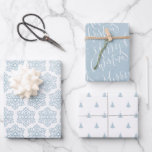 Winter Blue Merry Christmas Snowflakes Christmas Wrapping Paper Sheet<br><div class="desc">Christmas gift wrapping paper set feature modern calligraphy merry Christmas script,  bold snowflakes and Christmas trees in winter blue and white.</div>