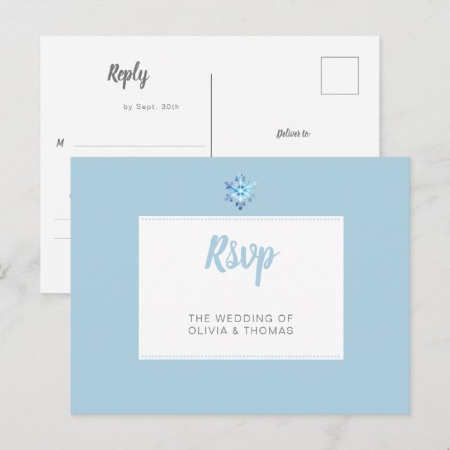 Winter Blue Minimalist Snowflake Wedding Meal RSVP Invitation Postcard (Front/Back)