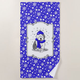Winter Blue Old English Sheepdog Dog (Grey 1) Cute Beach Towel
