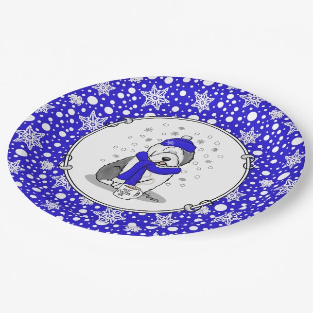 Winter Blue Old English Sheepdog Dog (Grey 1) Cute Paper Plate (Angled)
