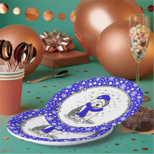 Winter Blue Old English Sheepdog Dog (Grey 1) Cute Paper Plate