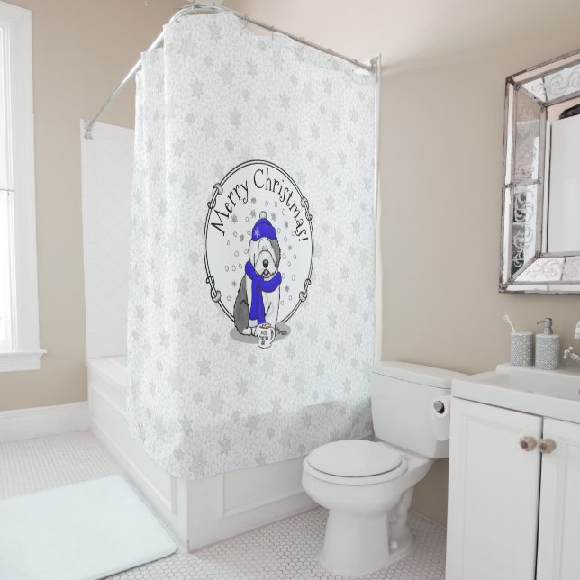 Winter Blue Old English Sheepdog Dog (Grey 1) Cute Shower Curtain (In Situ)