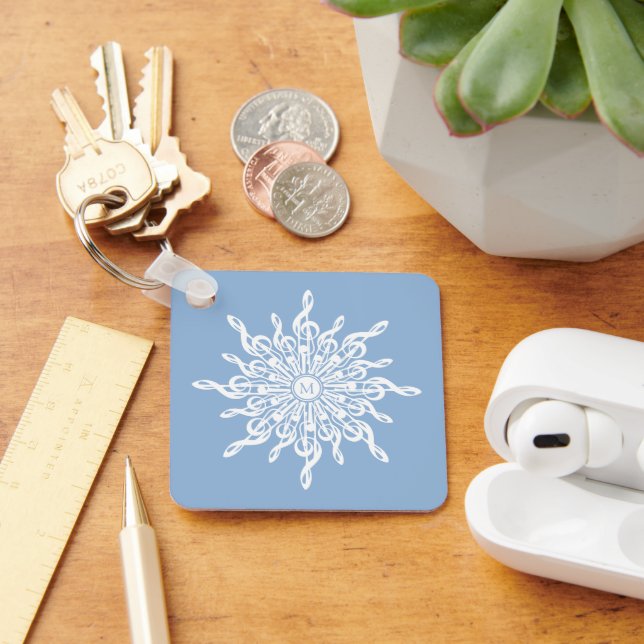 Winter Blue Ornamental Monogram G-Clef Snowflake Key Ring (Desk)