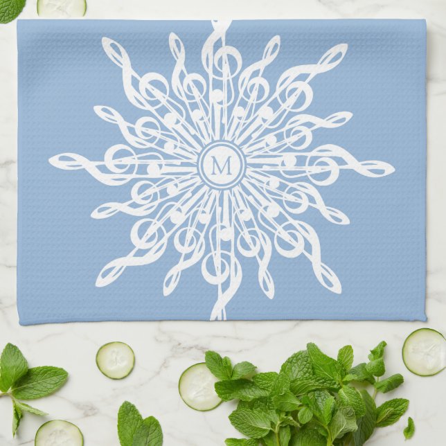 Winter Blue Ornamental Monogram G-Clef Snowflake Tea Towel (Folded)