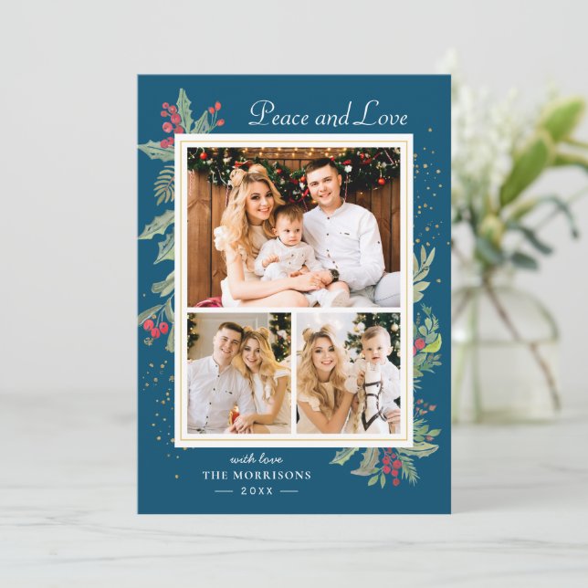 Winter Blue Peace and Love Holly Berries 3 Photo Holiday Card (Standing Front)