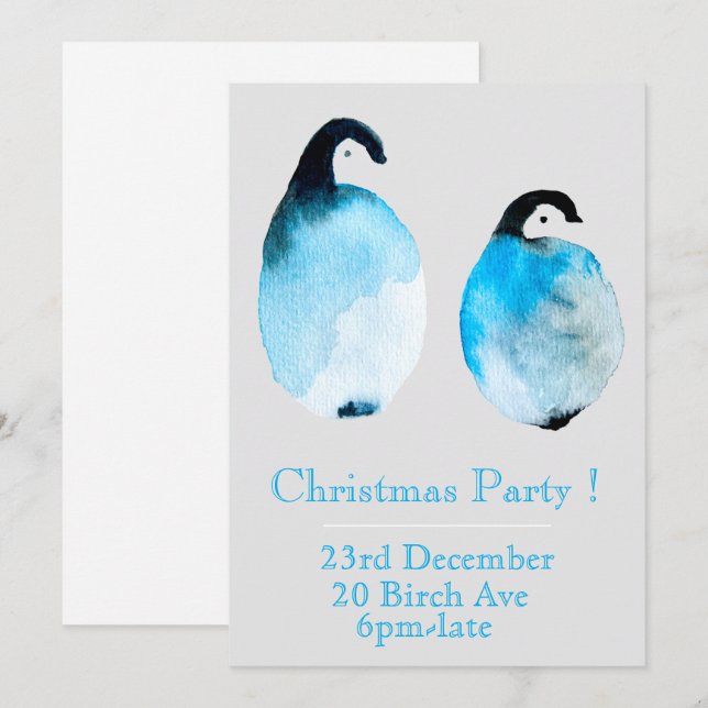 Winter blue peguinChristmas party invitation (Front/Back)