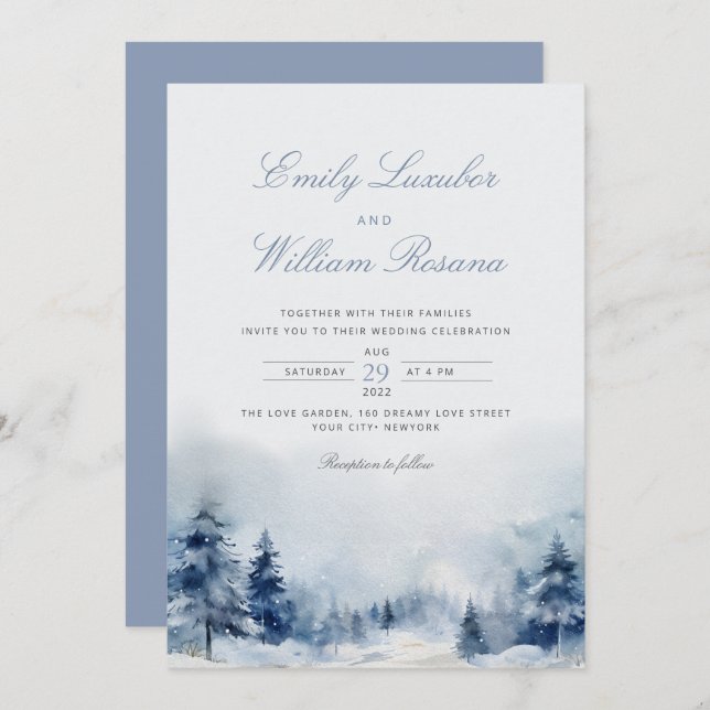 Winter Blue Pine Snow Mountains Wedding Invitation (Front/Back)