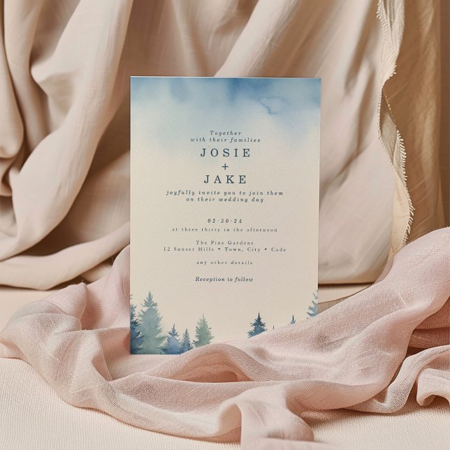 Winter blue pine trees green wedding invitation (Soft evergreen trees balanced with a light, misty blue sky at the top wedding invitation.)