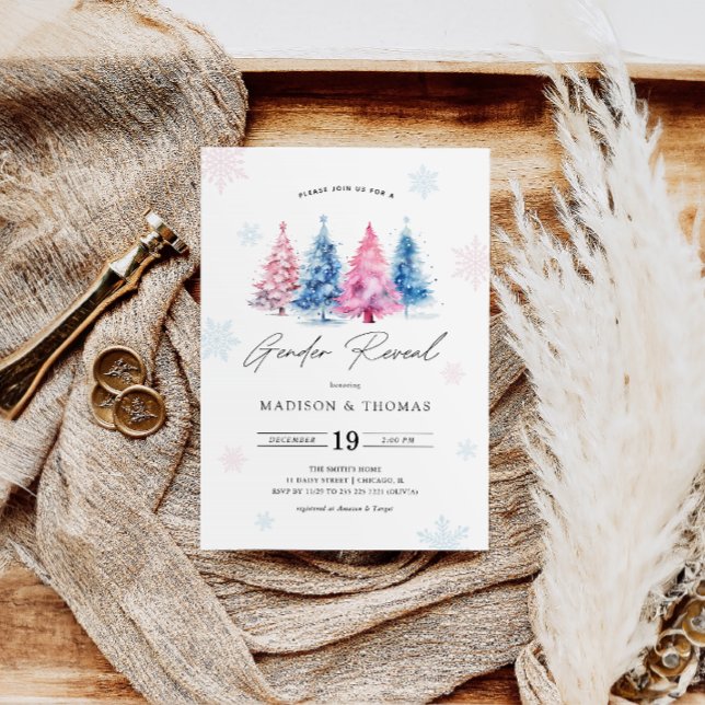 Winter Blue | Pink Christmas Tree Gender Reveal  Invitation (Creator Uploaded)
