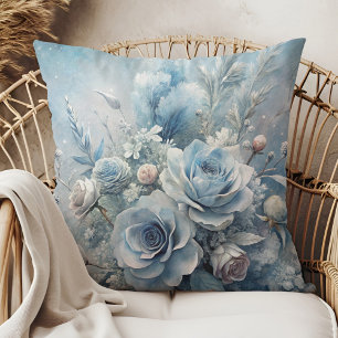 Winter Blue Rose Bouquet Decorative Pillow