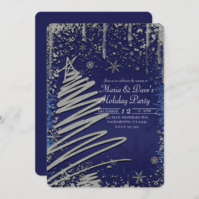 Winter Blue & Silver Christmas Tree Holiday Party Invitation (Front/Back)