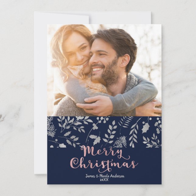 Winter Blue Silver Elegant Christmas Holiday Photo Card (Front)