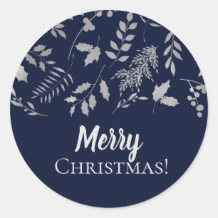 Winter Blue & Silver Leaves Botanical Holiday Classic Round Sticker