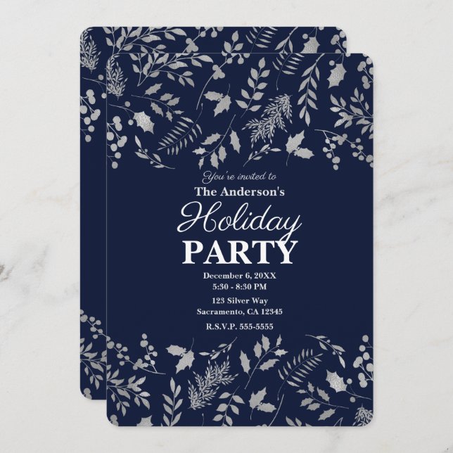 Winter Blue & Silver Leaves Botanical Holiday Invitation (Front/Back)