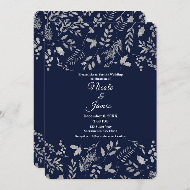 Winter Blue & Silver Leaves Botanical Wedding Invitation (Front/Back)