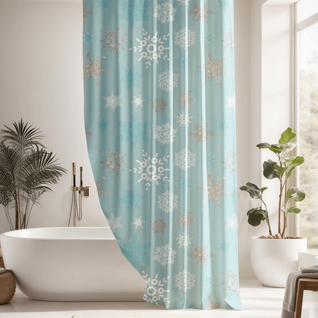 Winter Blue Silver Snowflake Pattern Shower Curtain (Creator Uploaded)