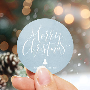 Winter Blue Simple Calligraphy Merry Christmas Classic Round Sticker