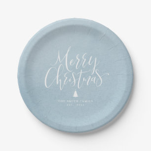 Winter Blue Simple Calligraphy Merry Christmas Paper Plate