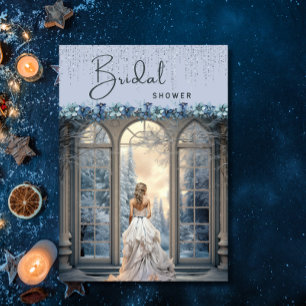 Winter Blue Snow Floral Elegant Bridal Shower Invitation
