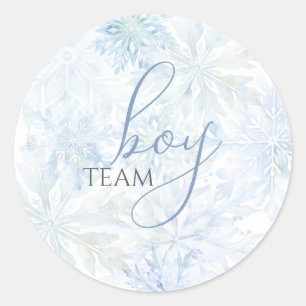 Winter Blue Snowflake Gender Reveal Team Boy Classic Round Sticker
