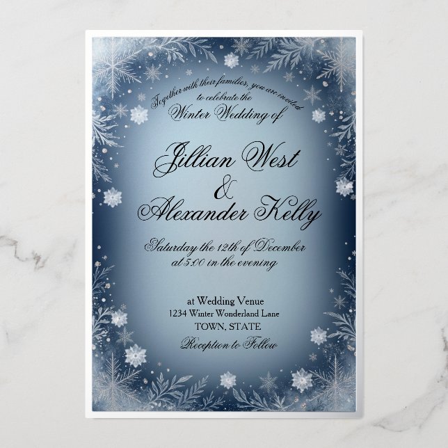 Winter Blue Snowflake Silver Wedding Invitation (Front)