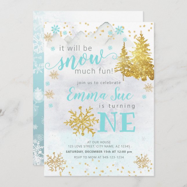 Winter Blue Snowflake Snow Much fun Birthday Invitation (Front/Back)