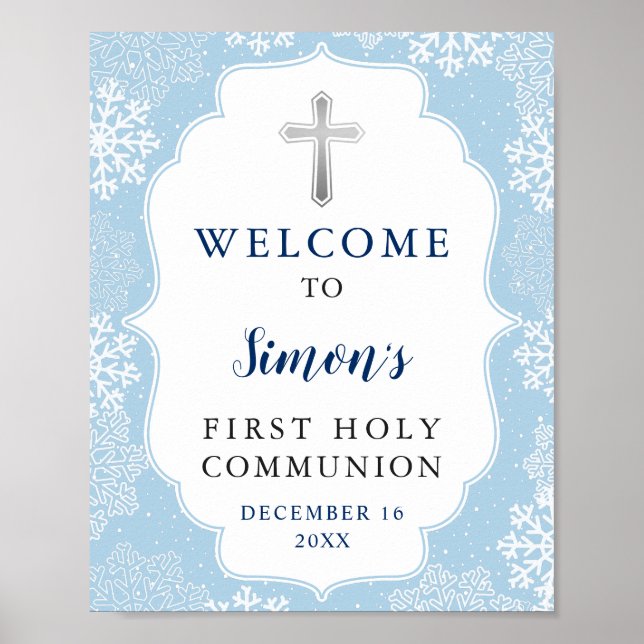 Winter Blue Snowflakes Boy First Holy Communion Poster (Front)