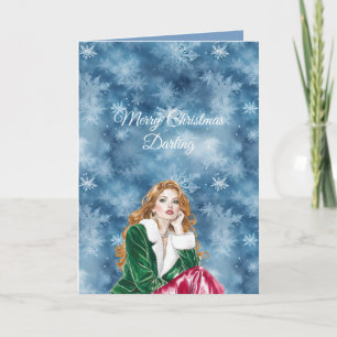 Winter Blue Snowflakes Christmas Red Head Girl Card