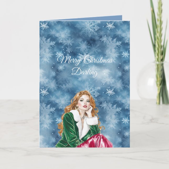 Winter Blue Snowflakes Christmas Red Head Girl Card (Front)