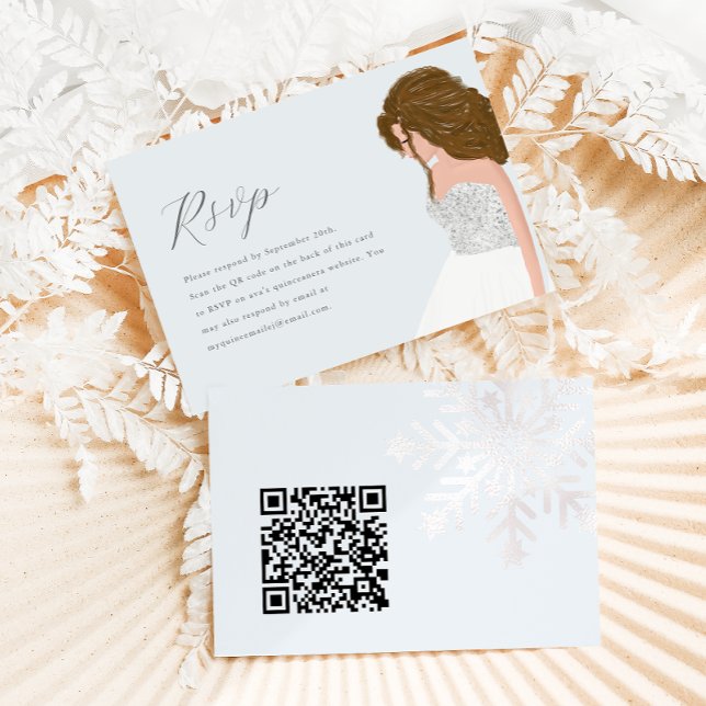 Winter Blue Snowy Quinceanera Birthday QR Code RSVP Card (Creator Uploaded)