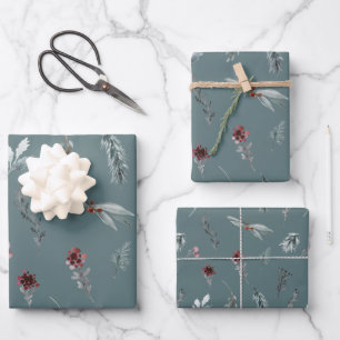 Winter Blue Spruce & Mulled Berries Slate Green Wrapping Paper Sheet