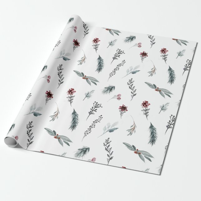 Winter Blue Spruce & Mulled Berries White Wrapping Paper (Unrolled)
