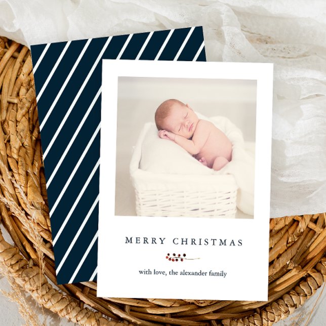 Winter Blue Stripes Berries Merry Christmas Photo Holiday Card (Creator Uploaded)