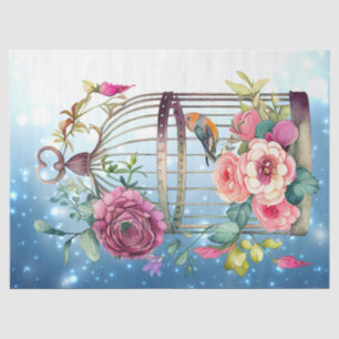 Winter Blue Watercolor Floral Bird Cage Decoupage Tissue Paper