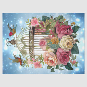 Winter Blue Watercolor Floral Bird Cage Decoupage Tissue Paper