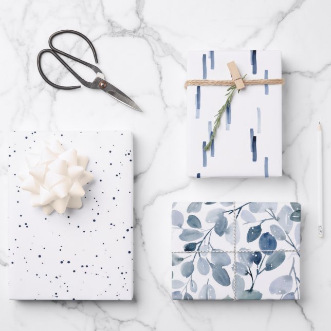 Winter Blue Watercolor Gift Wrap Set (Front)