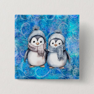 Winter Blue Watercolor Penguins Scarves Hats 15 Cm Square Badge