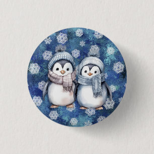 Winter Blue Watercolor Penguins Scarves Hats 3 Cm Round Badge