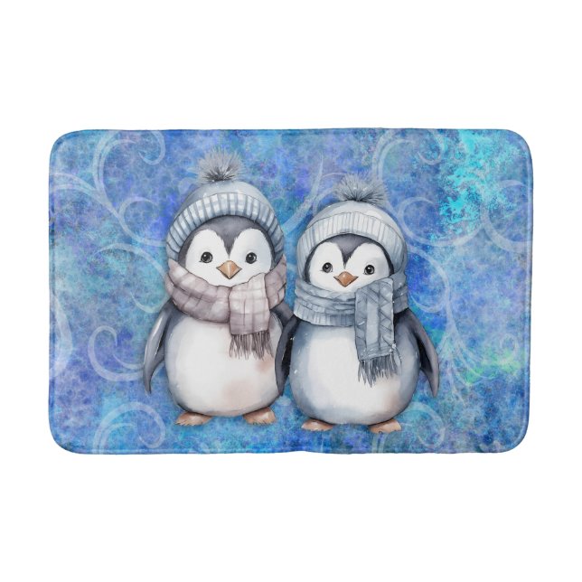 Winter Blue Watercolor Penguins Scarves Hats Bath Mat (Front)