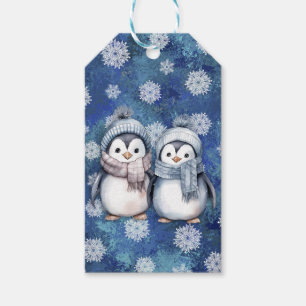 Winter Blue Watercolor Penguins Scarves Hats Gift Tags