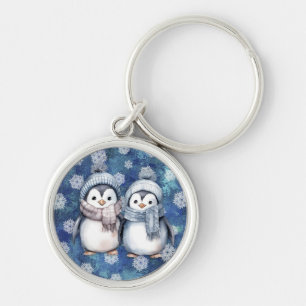 Winter Blue Watercolor Penguins Scarves Hats Key Ring