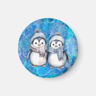 Winter Blue Watercolor Penguins Scarves Hats Magnet