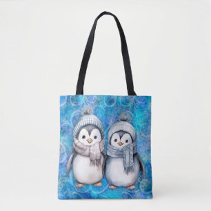 Winter Blue Watercolor Penguins Scarves Hats Tote Bag