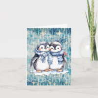 Winter Blue Watercolor Penguins With Scarves