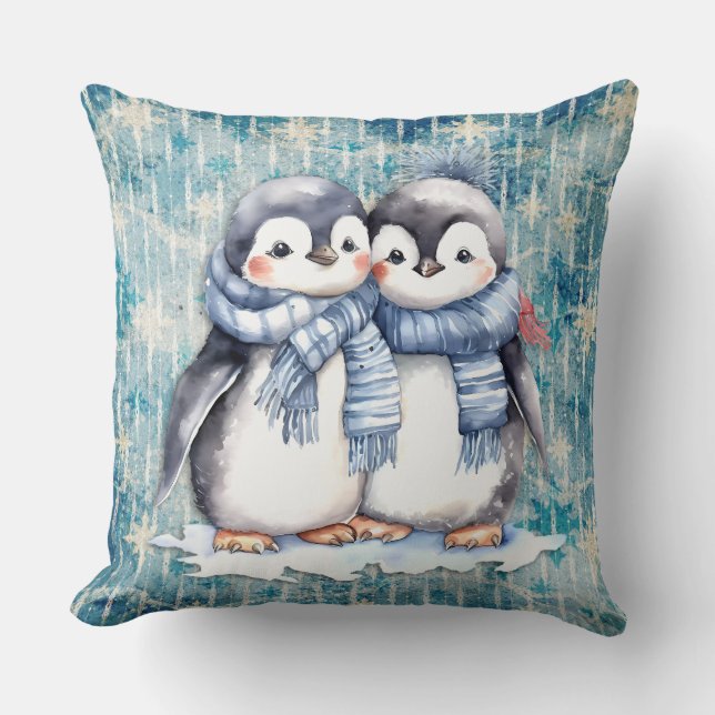 Winter Blue Watercolor Penguins With Scarves Cushion (Front)
